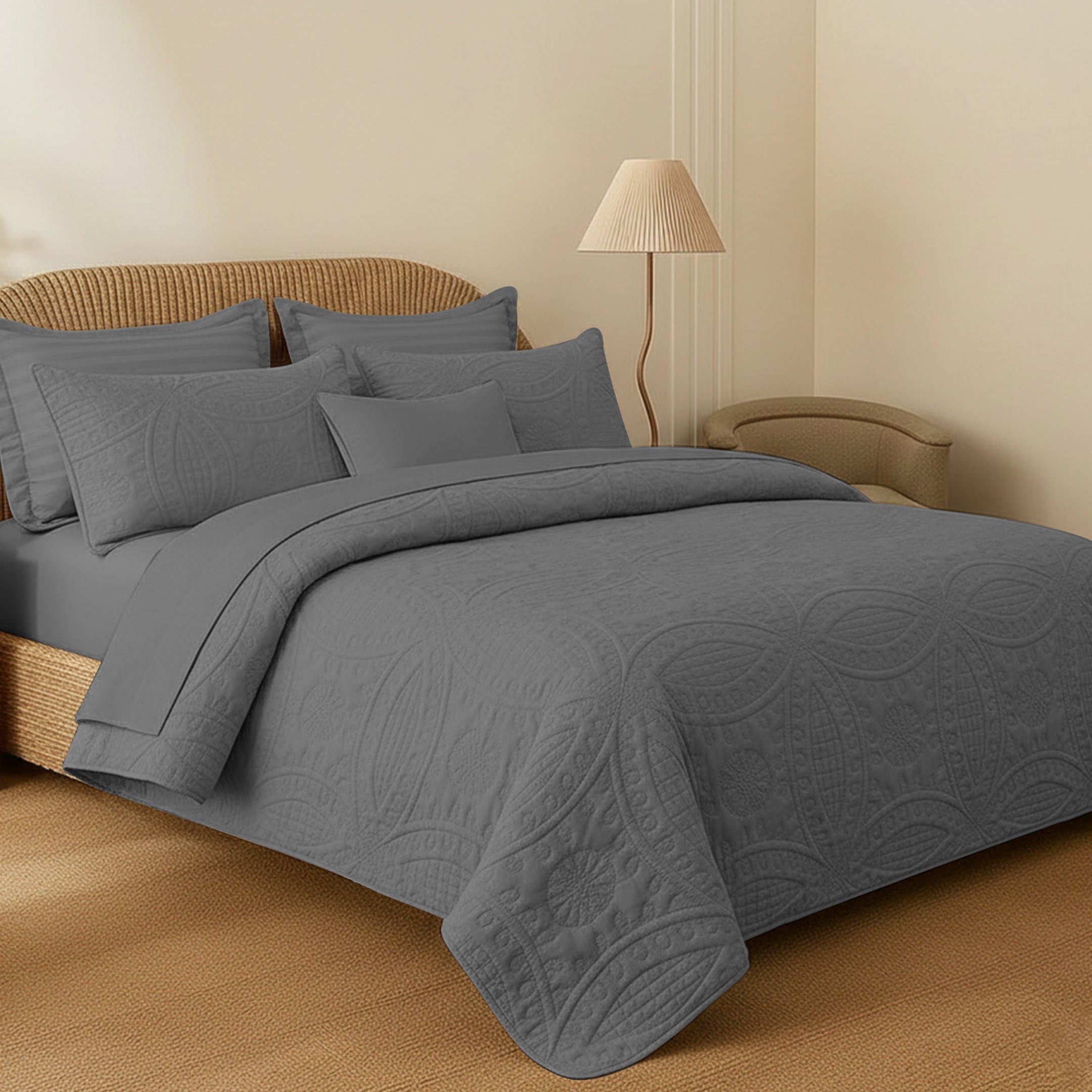 GREY QUILTED BEDSPREAD SET (flower)