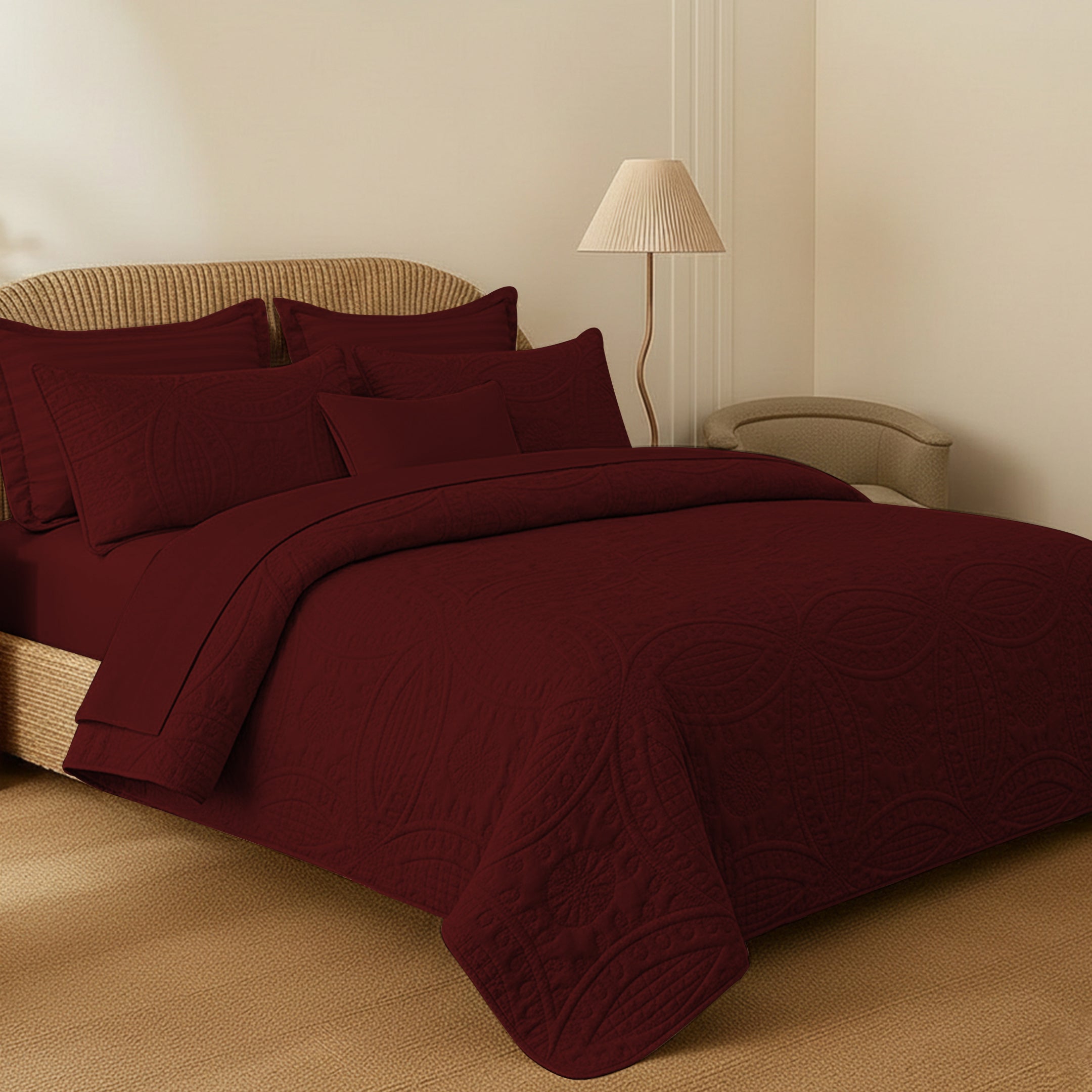 MAROON QUILTED BEDSPREAD SET(flower)