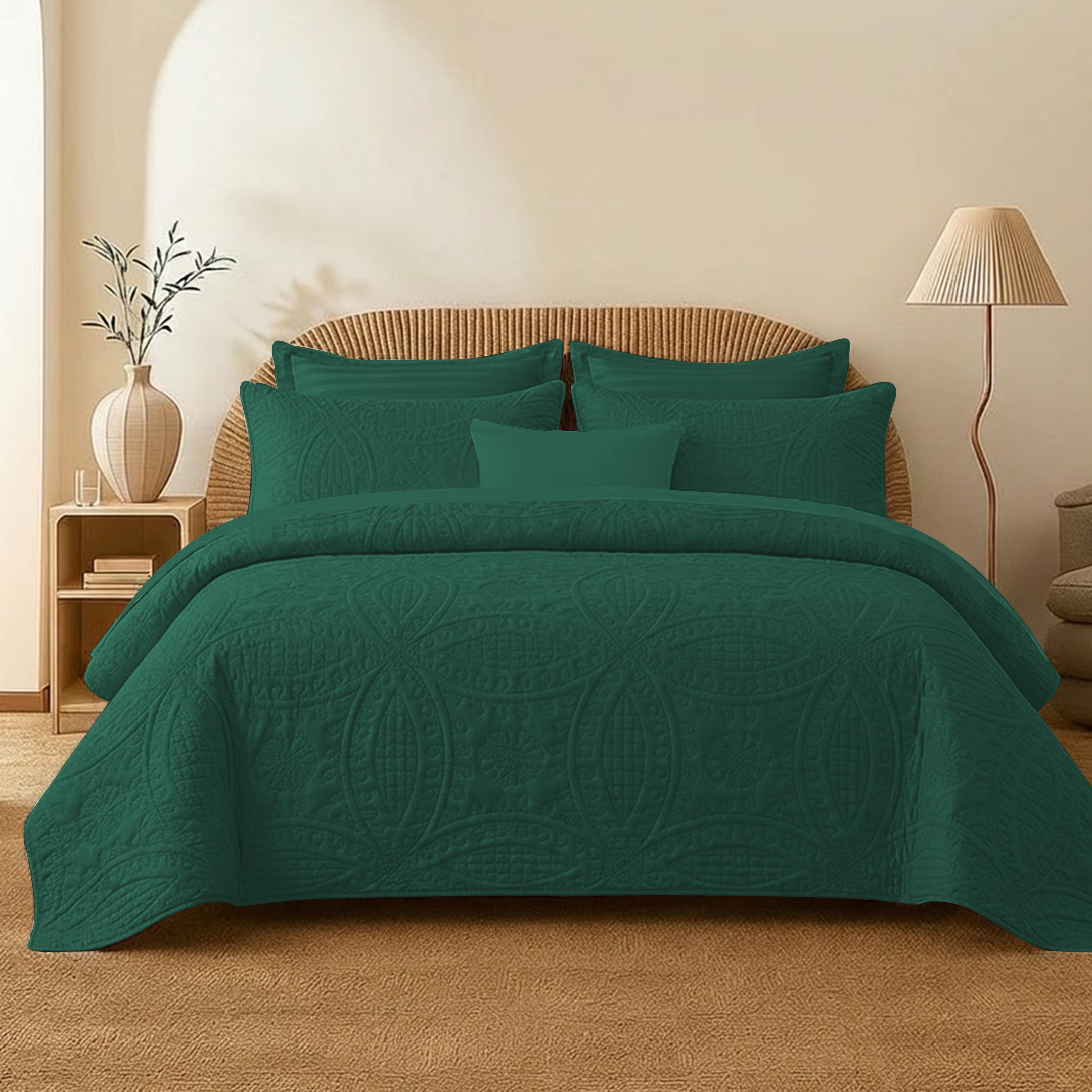 TEAL QUILTED BEDSPREAD SET(flower)