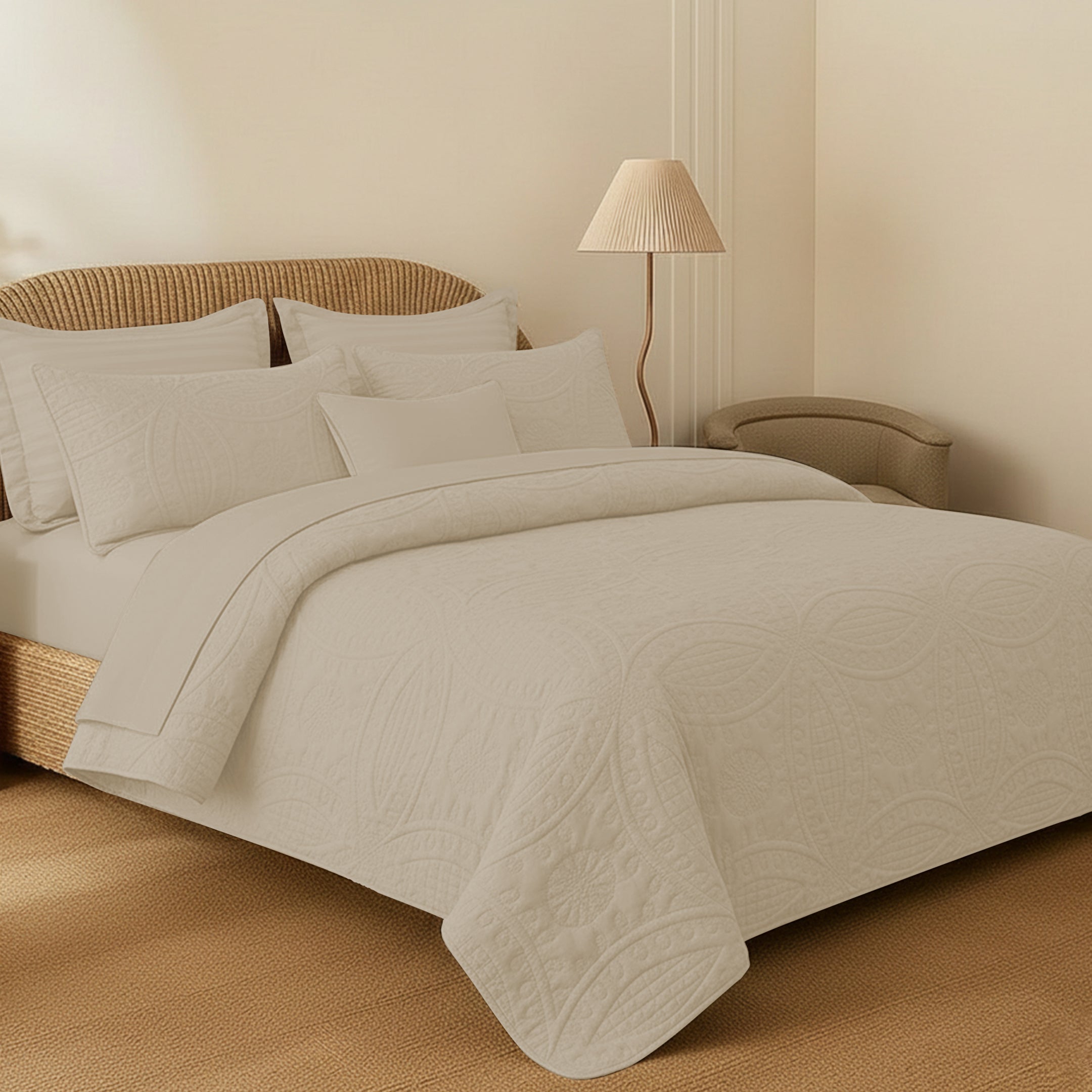 OFF-WHITE QUILTED BEDSPREAD SET (flower)