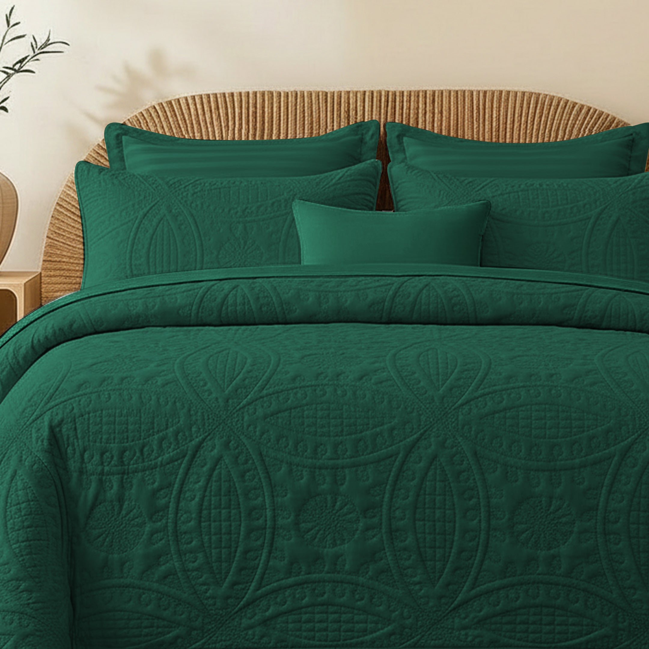 TEAL QUILTED BEDSPREAD SET(flower)