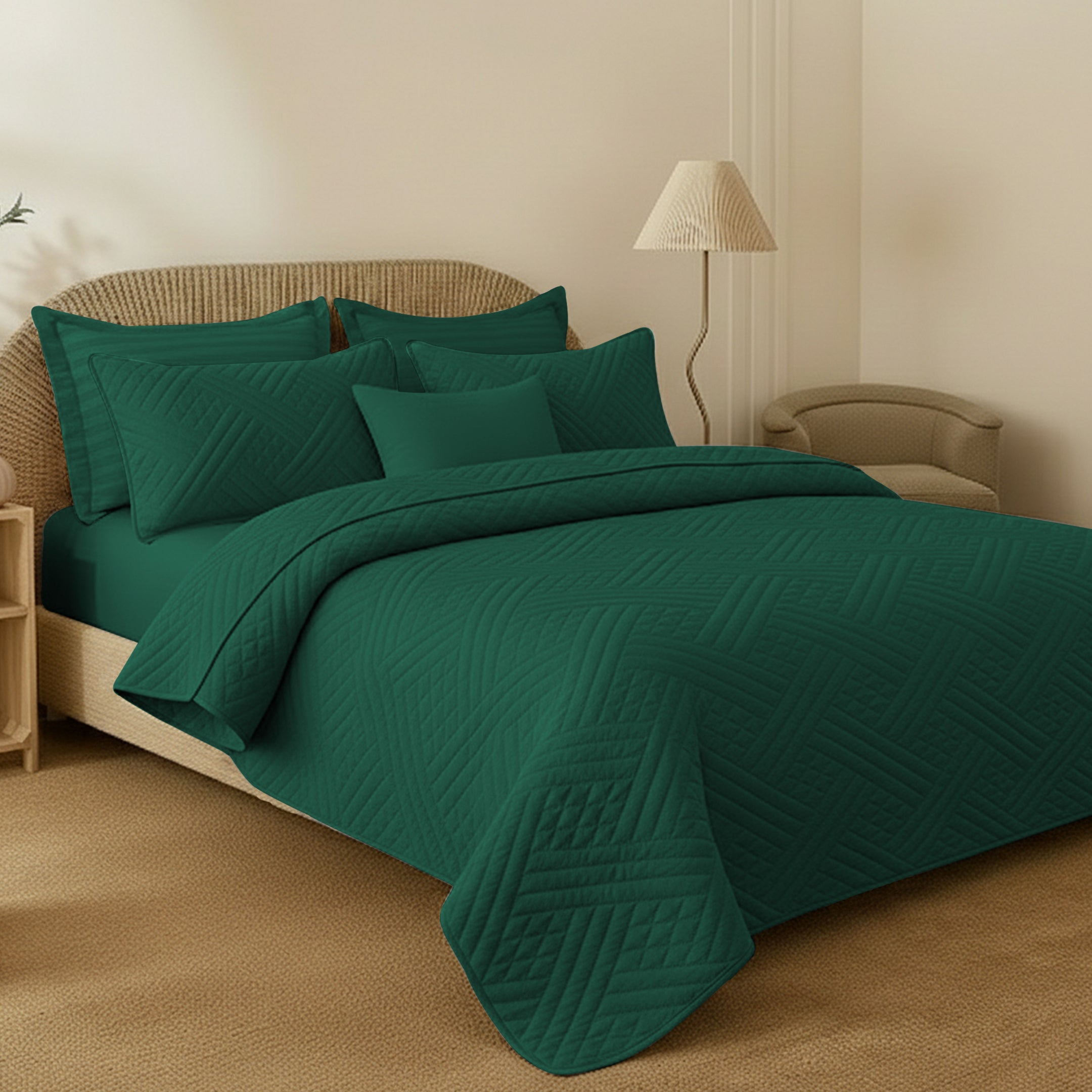 TEAL QUILTED BEDSPREAD SET(lines)