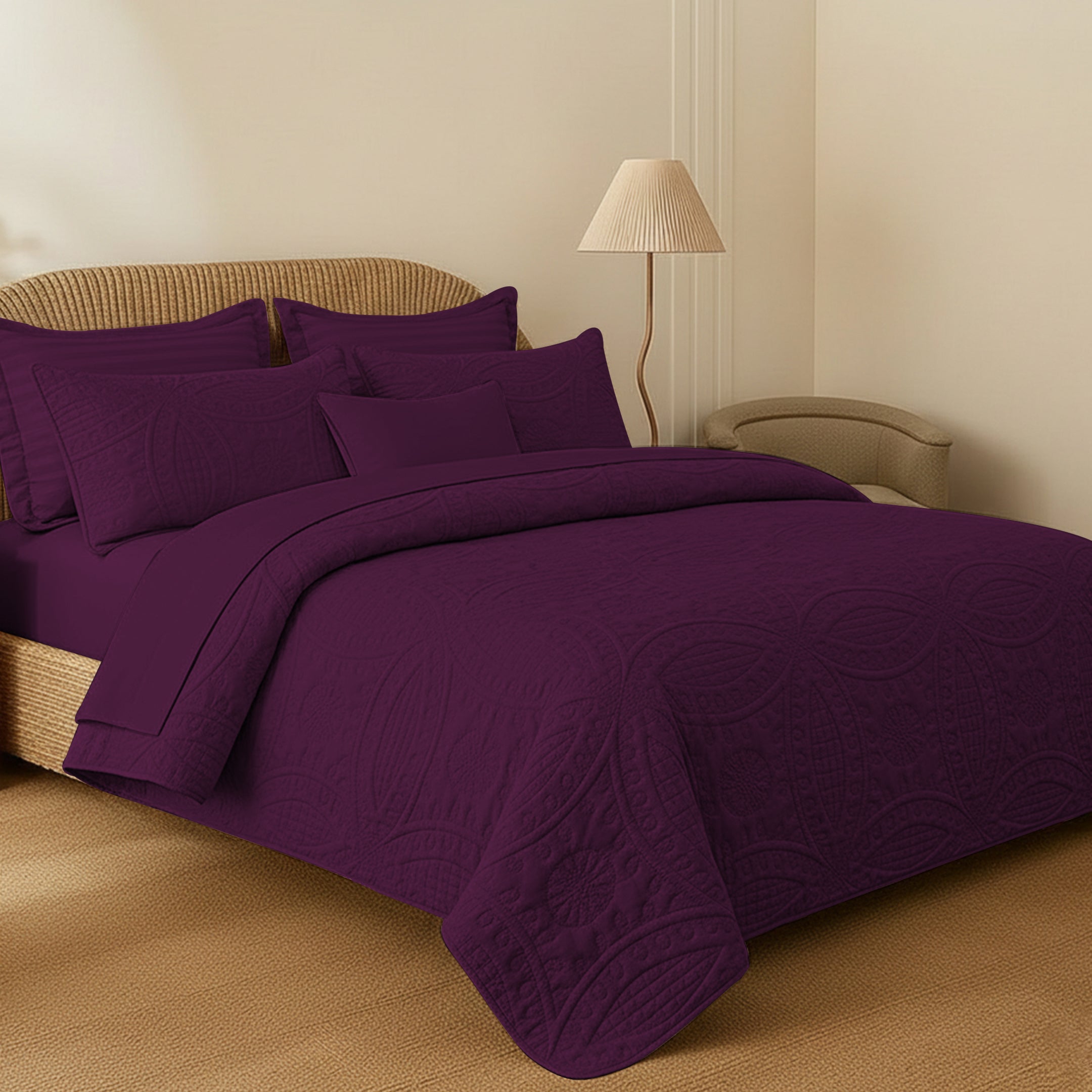 PLUM QUILTED BEDSPREAD SET( flower)