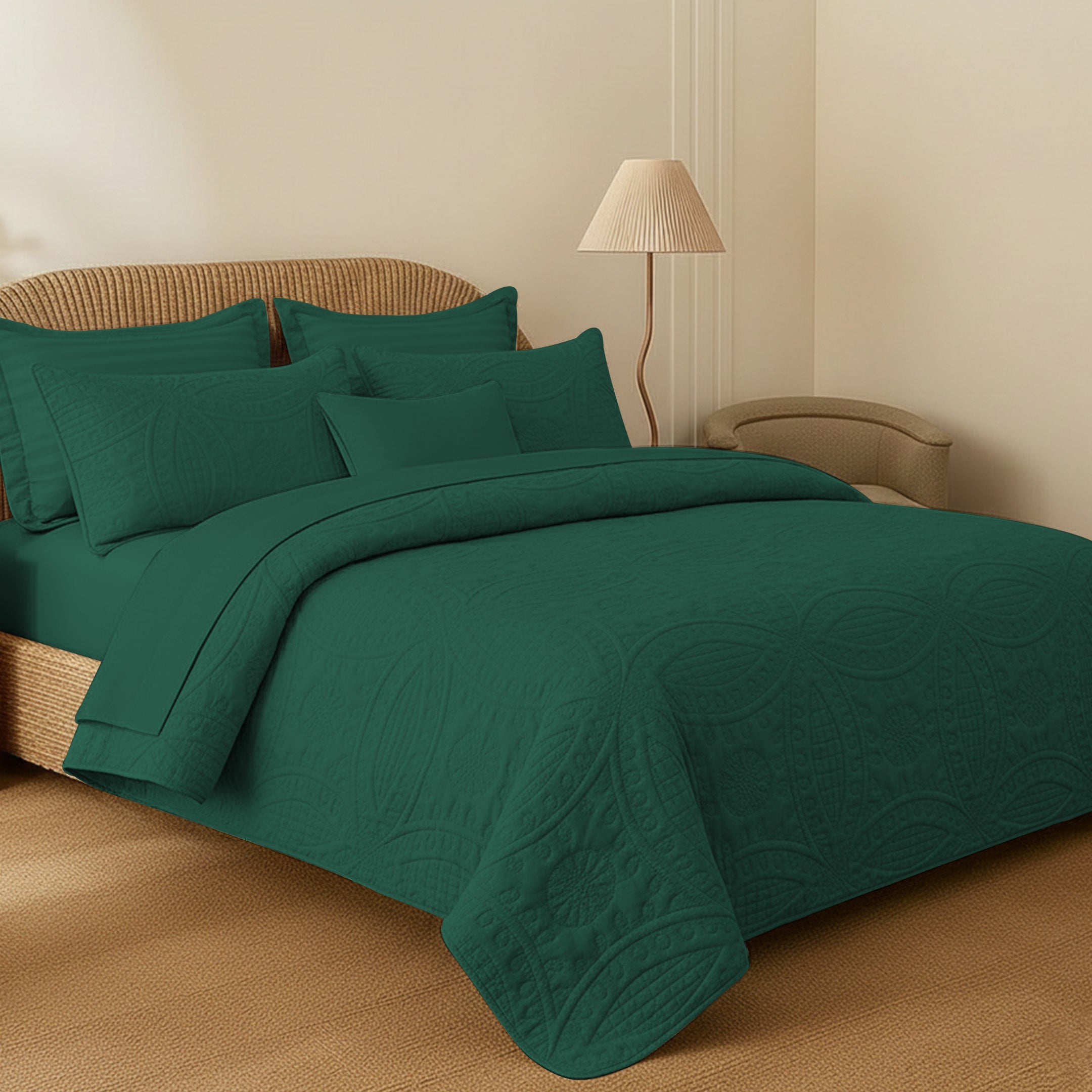 TEAL QUILTED BEDSPREAD SET(flower)