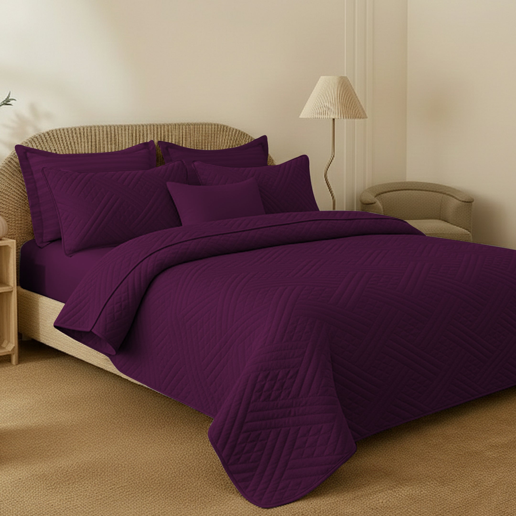 PLUM QUILTED BEDSPREAD SET( lines)