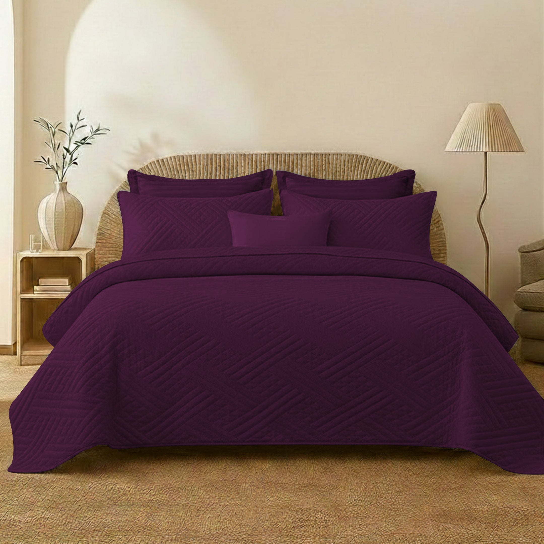 PLUM QUILTED BEDSPREAD SET( lines)